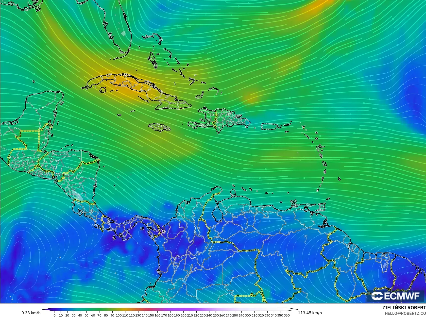ECMWF IFS 0.25° model - Karibia, Angin 300 hPa (aliran jet)