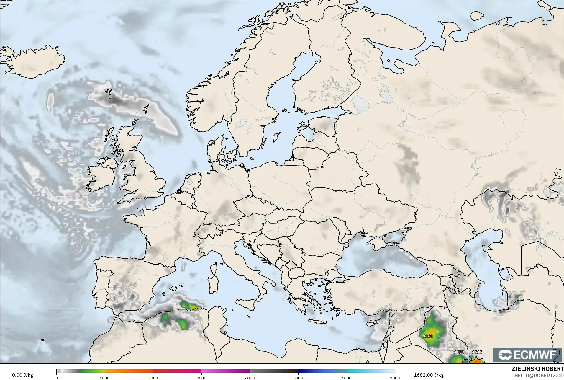 ECMWF IFS 0.25° model - Eropa, CAPE