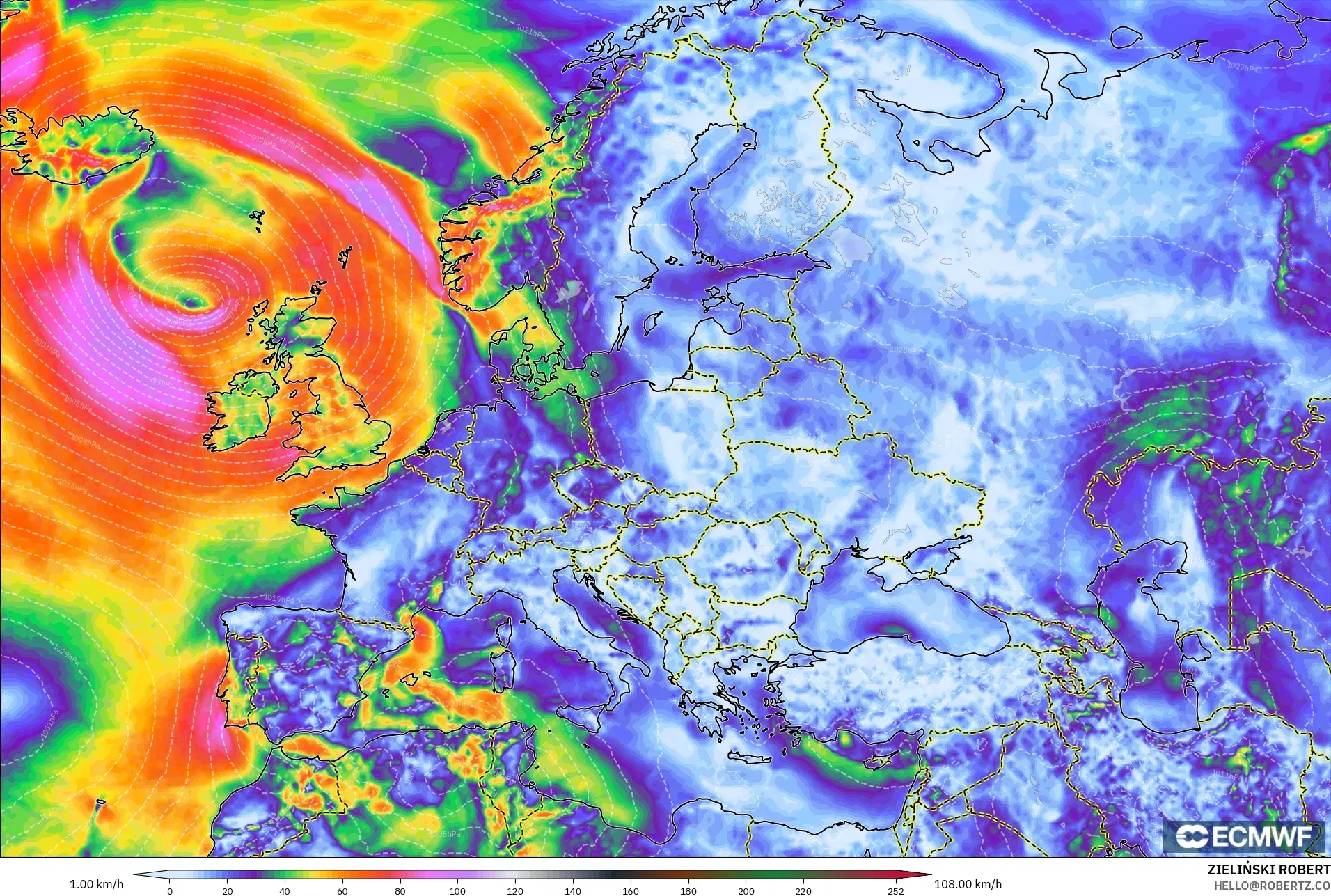 ECMWF IFS 0.25° model - Eropa, Puncak Hembusan