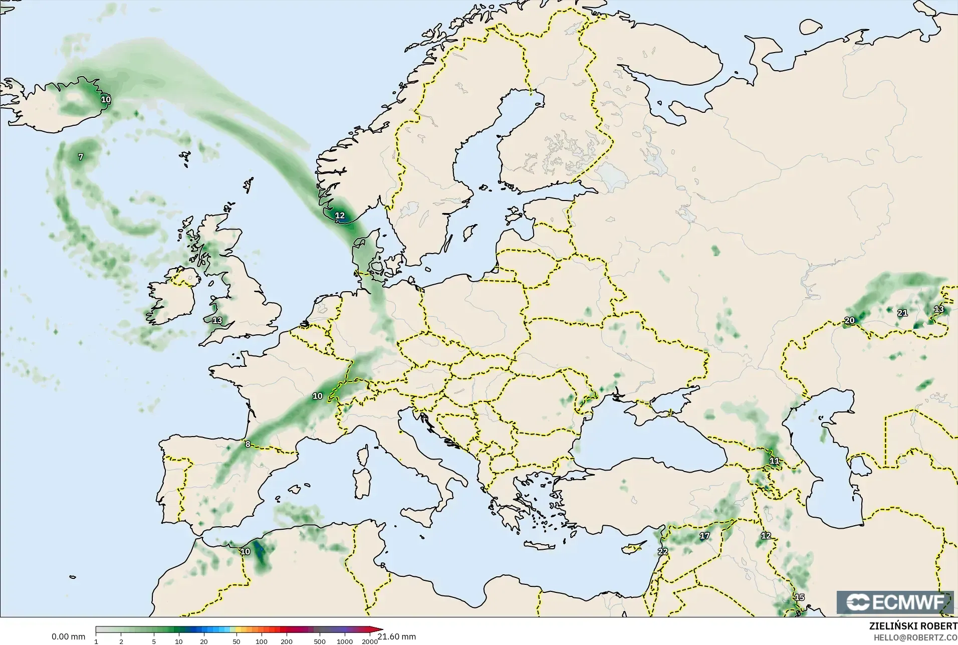 ECMWF IFS 0.25° model - Eropa, Akumulasi Curah Hujan