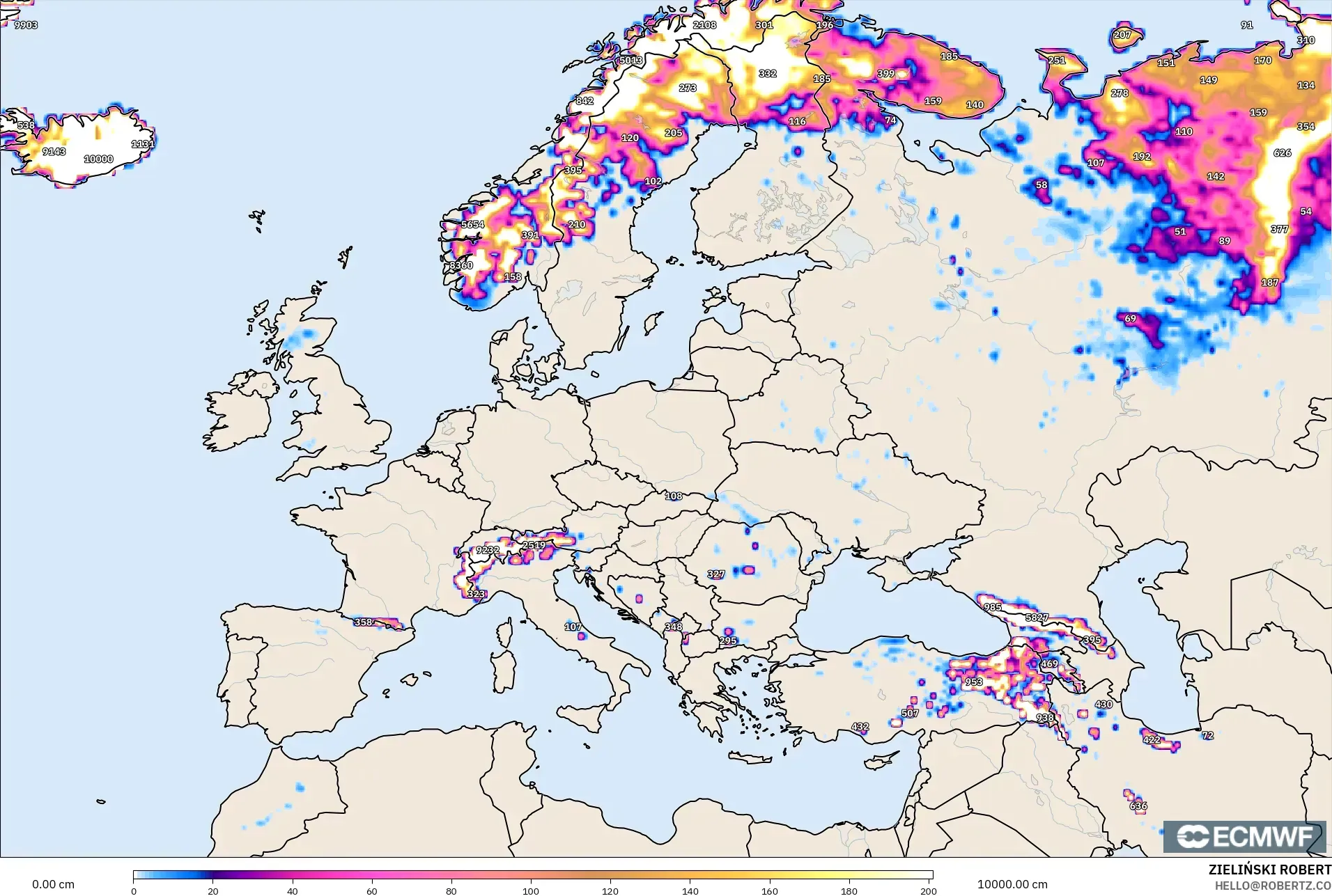 ECMWF IFS 0.25° model - Eropa, Kedalaman Salju
