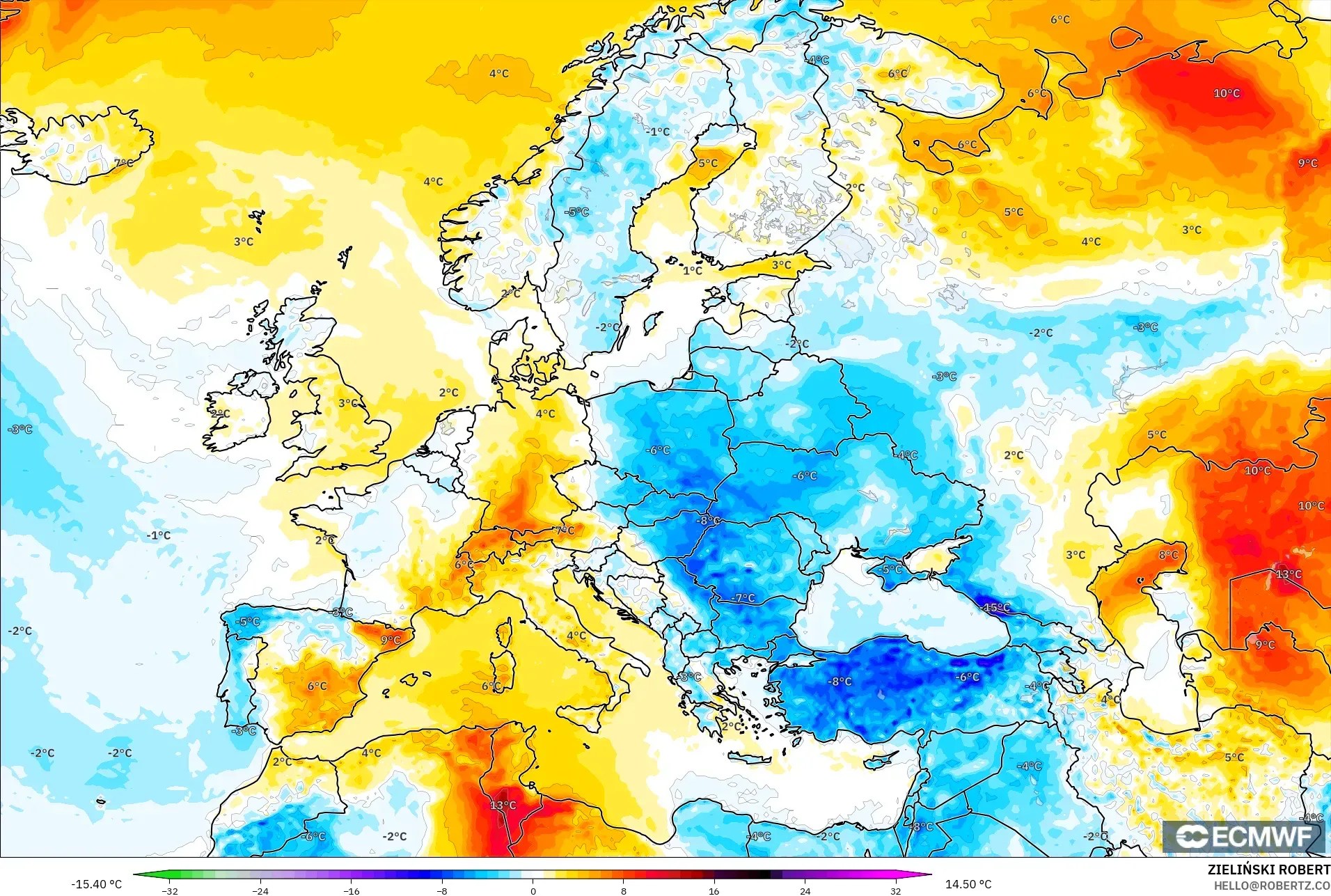 ECMWF IFS 0.25° model - Eropa, Anomali Suhu 2 m