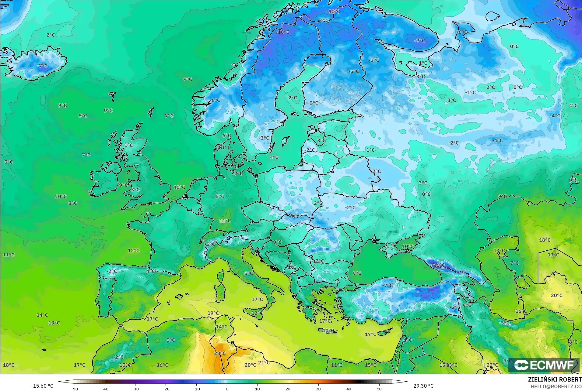 ECMWF IFS 0.25° model - Eropa, Suhu 2 m