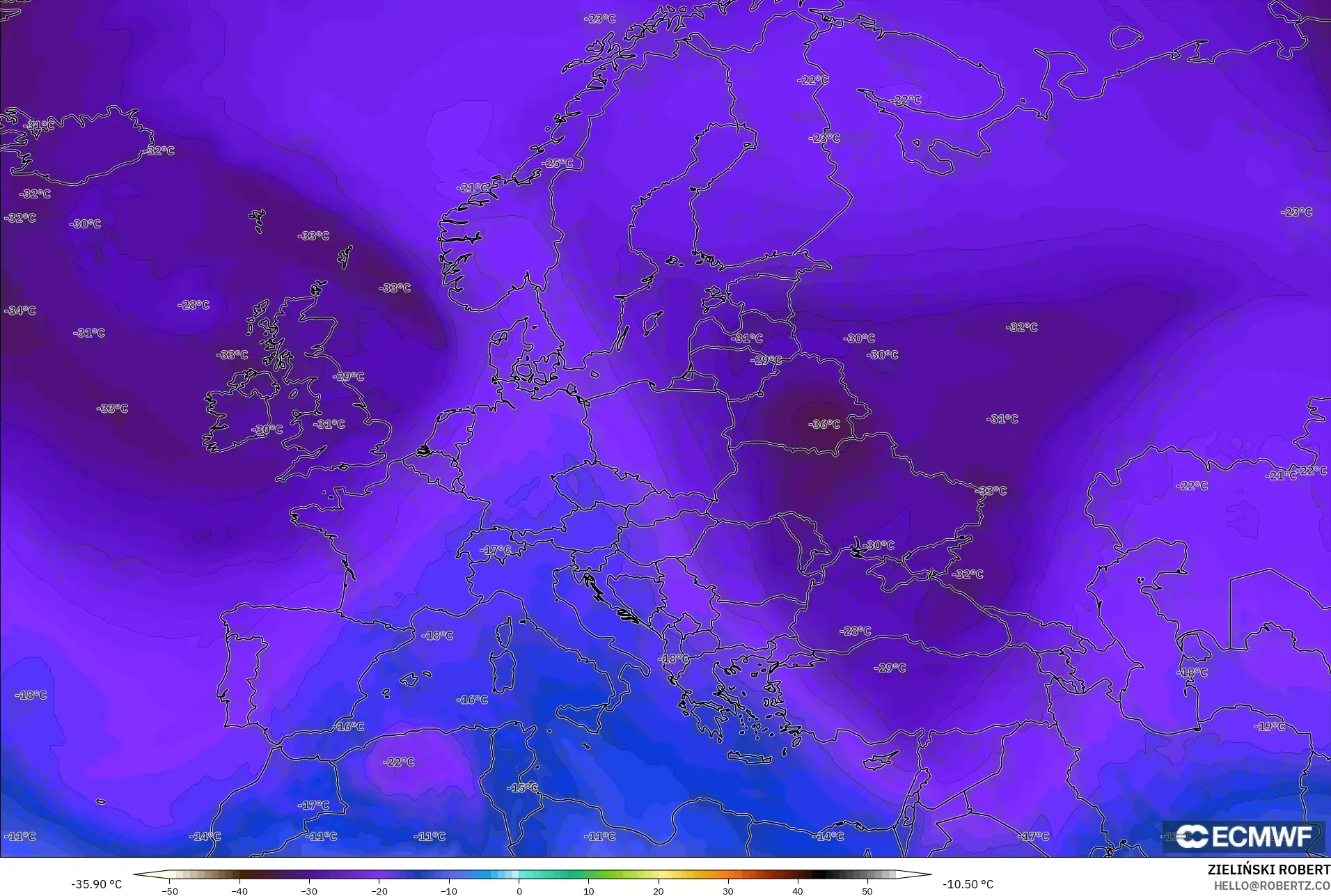 ECMWF IFS 0.25° model - Eropa, Suhu 500 hPa