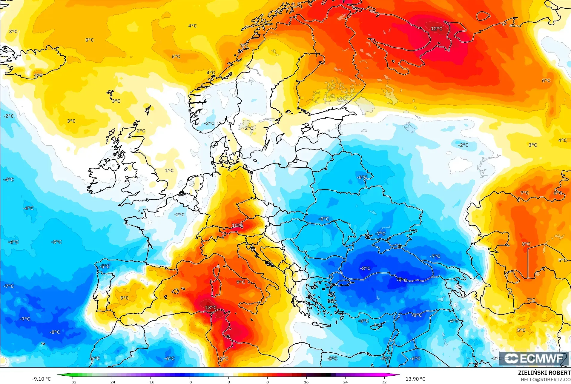 ECMWF IFS 0.25° model - Eropa, Anomali Suhu 850 hPa