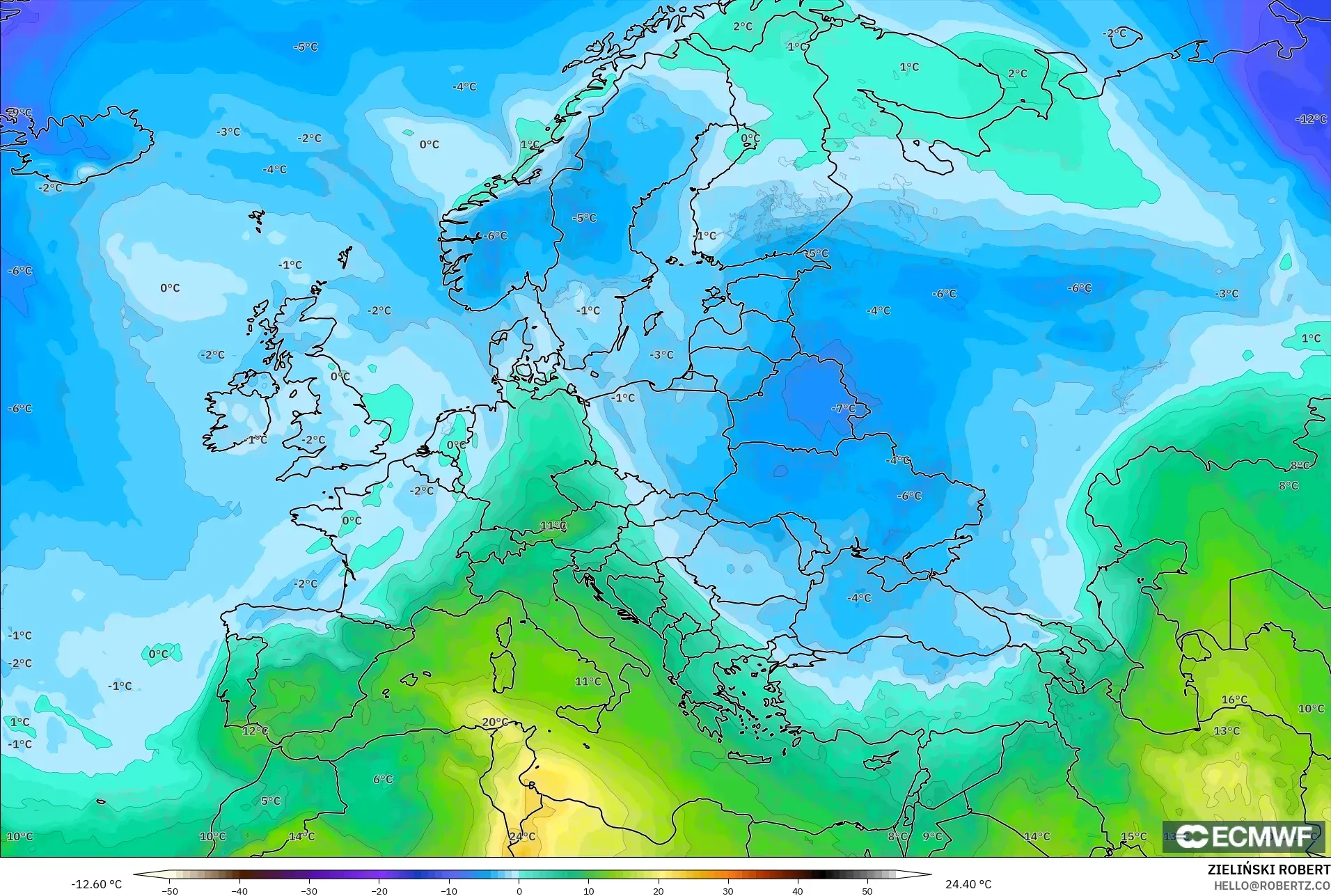 ECMWF IFS 0.25° model - Eropa, Suhu 850 hPa