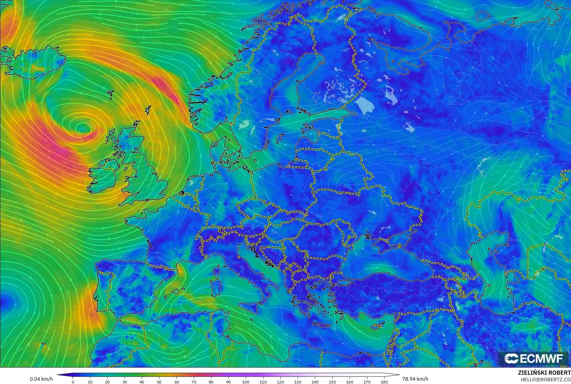 ECMWF IFS 0.25° model - Eropa, Angin 10 m