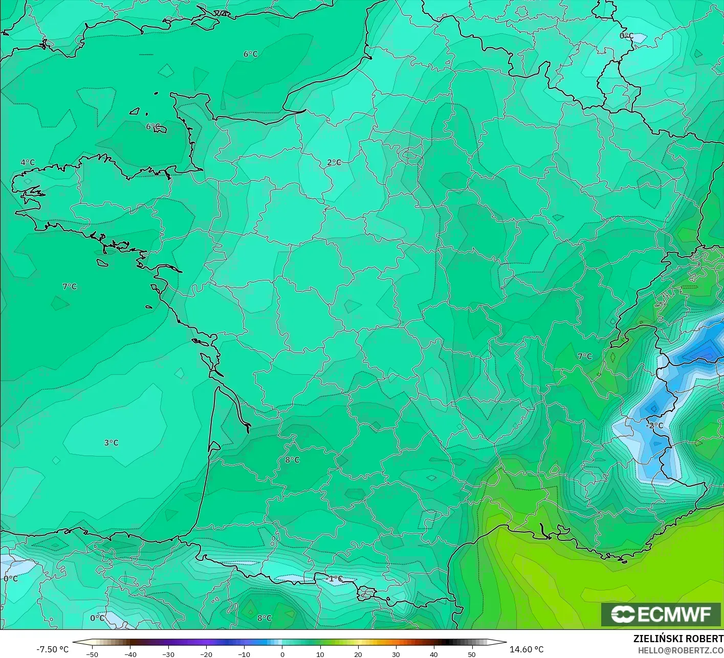 ECMWF IFS 0.25° model - Prancis, Titik Embun 2 m