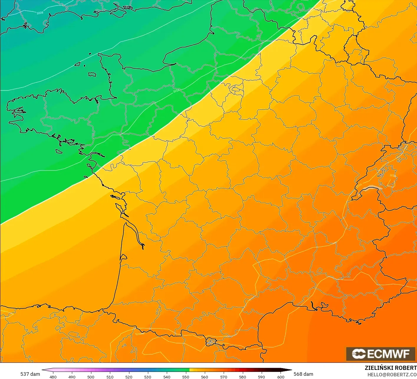 ECMWF IFS 0.25° model - Prancis, Ketinggian geopotensial pada 500 hPa