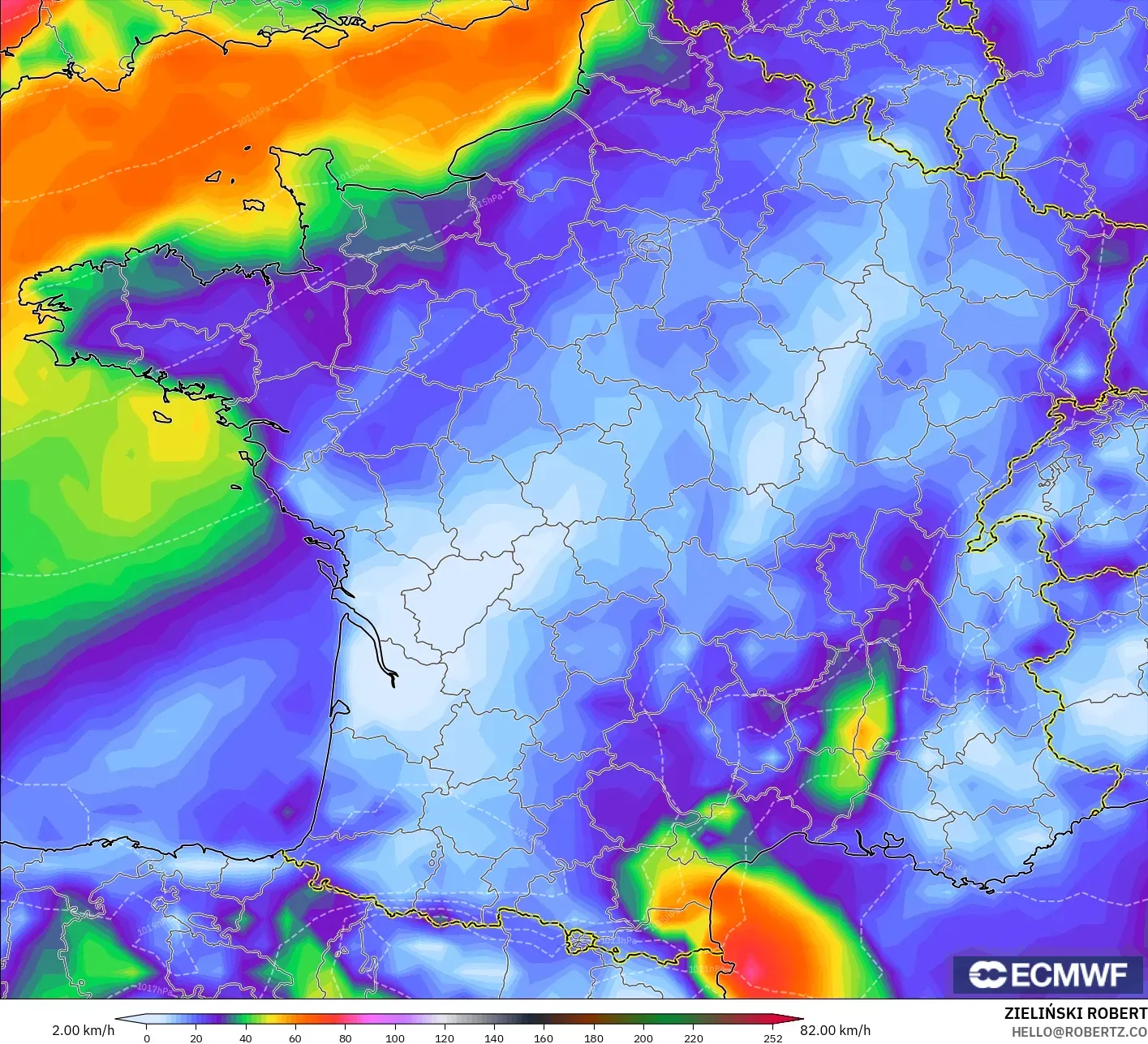 ECMWF IFS 0.25° model - Prancis, Puncak Hembusan
