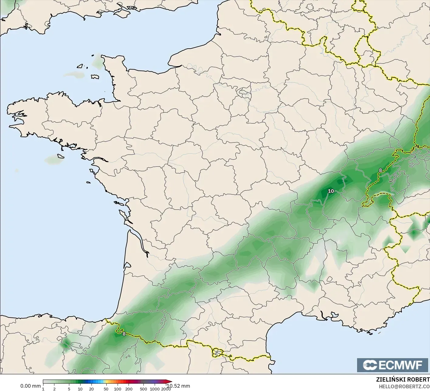 ECMWF IFS 0.25° model - Prancis, Akumulasi Curah Hujan