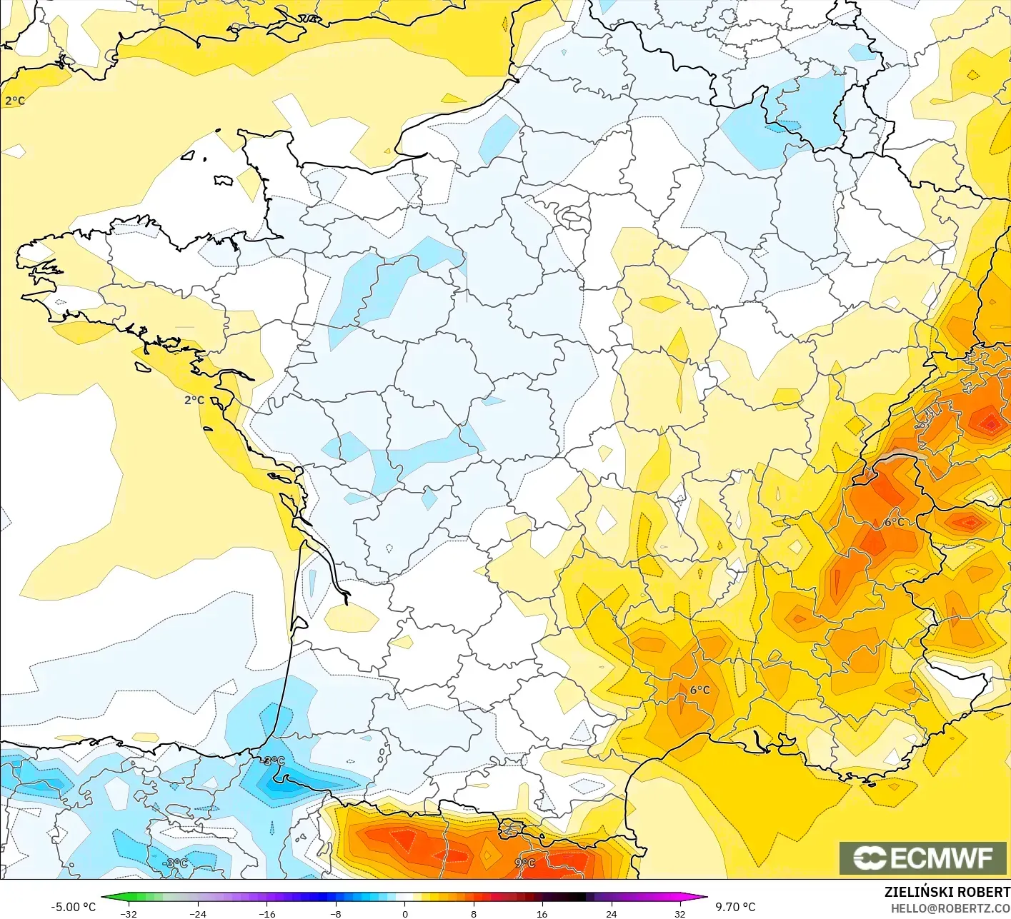 ECMWF IFS 0.25° model - Prancis, Anomali Suhu 2 m
