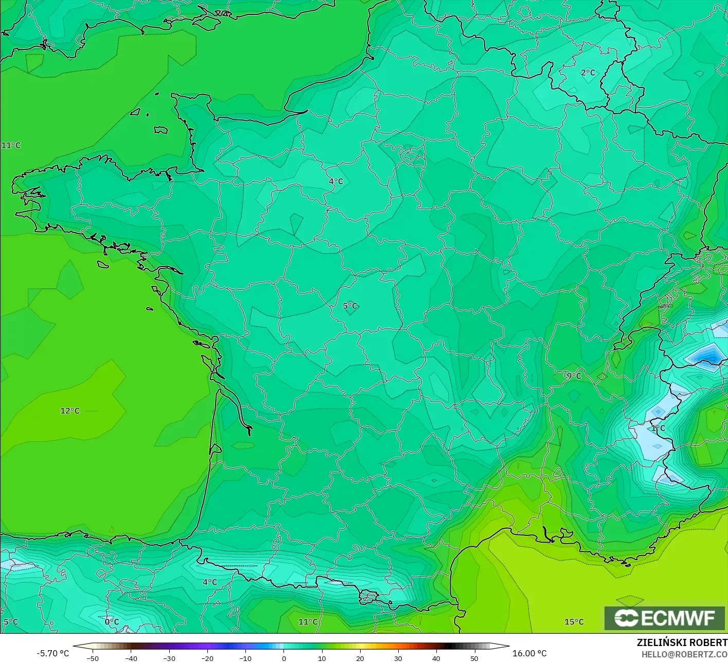 ECMWF IFS 0.25° model - Prancis, Suhu 2 m