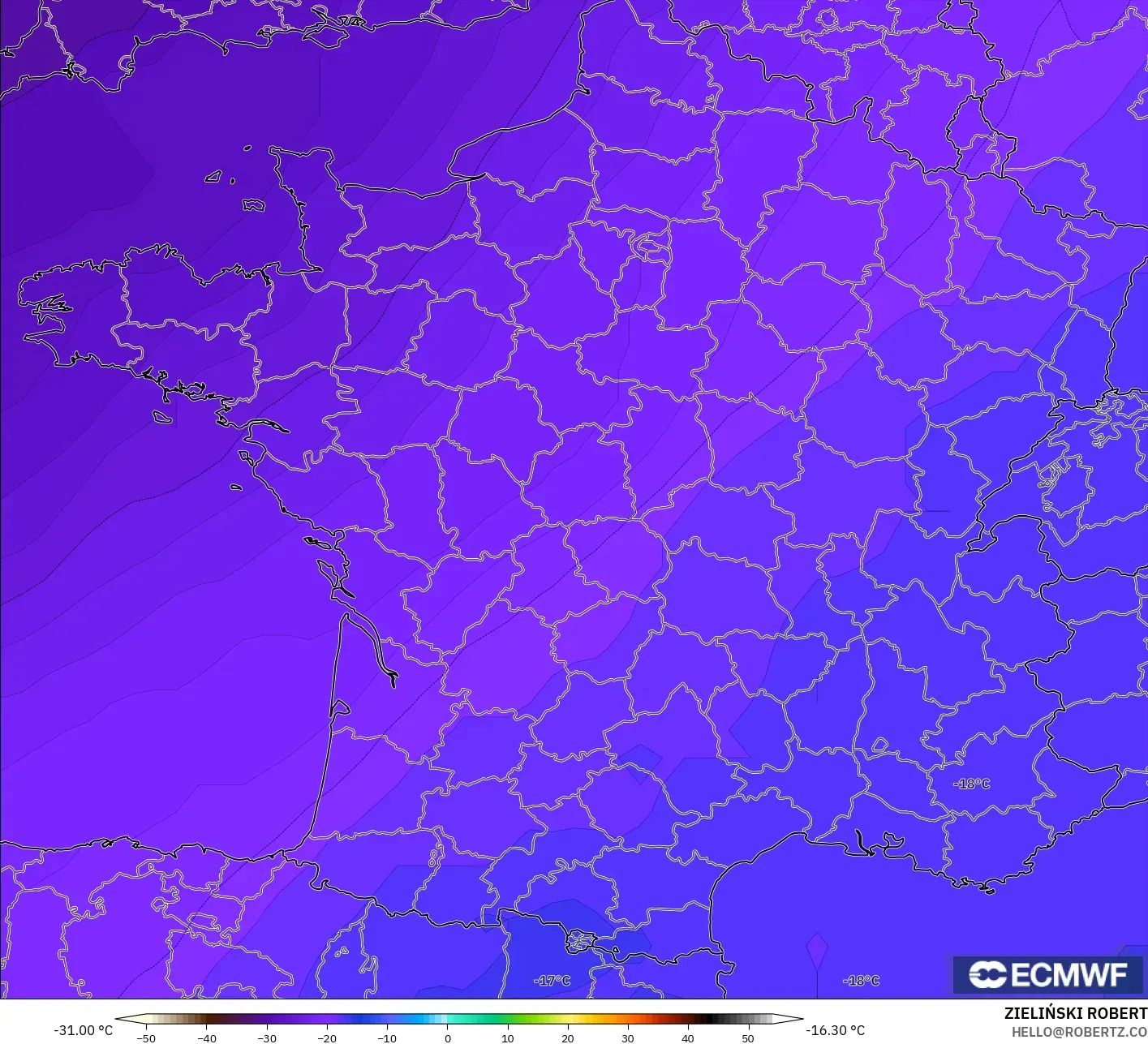ECMWF IFS 0.25° model - Prancis, Suhu 500 hPa