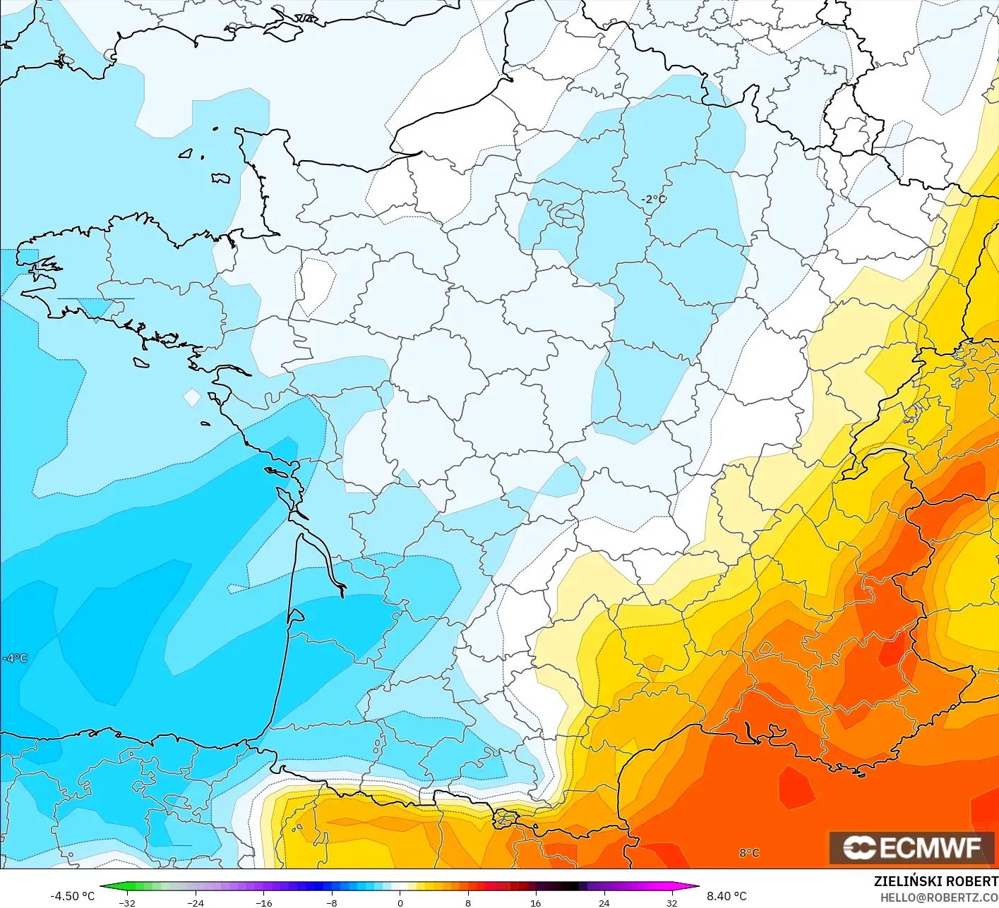 ECMWF IFS 0.25° model - Prancis, Anomali Suhu 850 hPa