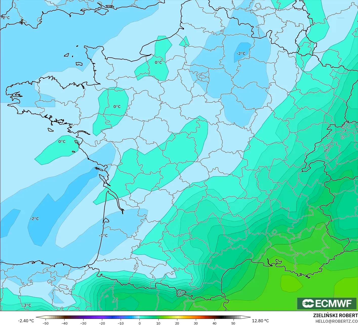 ECMWF IFS 0.25° model - Prancis, Suhu 850 hPa