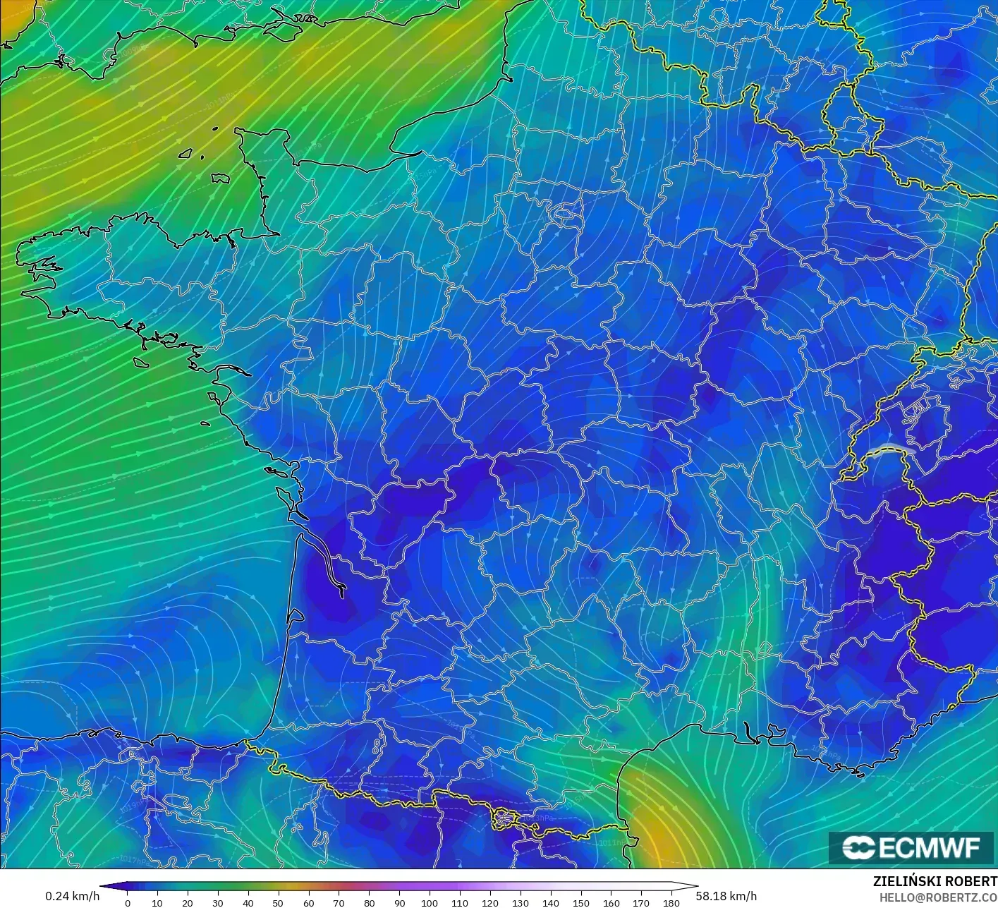 ECMWF IFS 0.25° model - Prancis, Angin 10 m