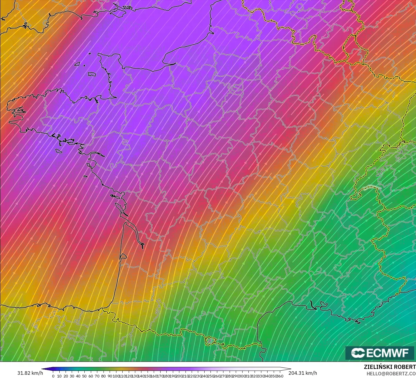 ECMWF IFS 0.25° model - Prancis, Angin 300 hPa (aliran jet)