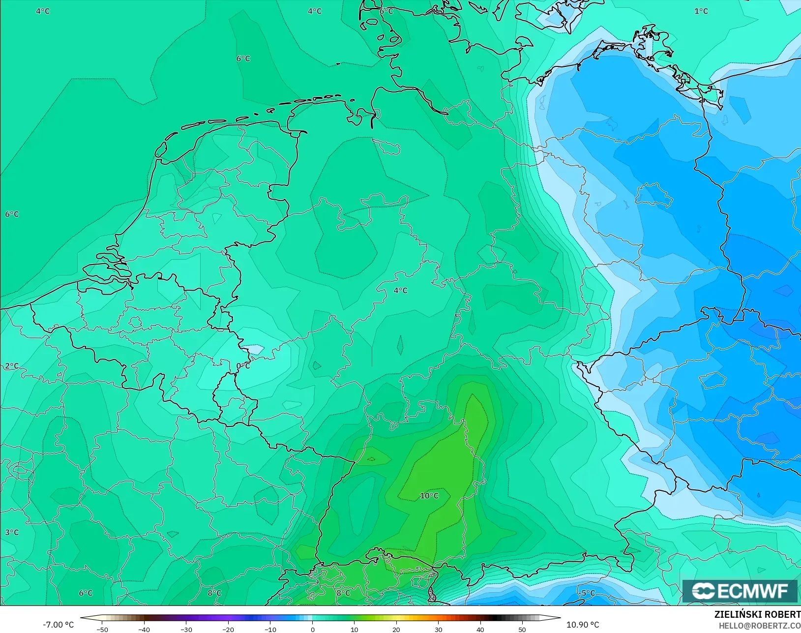 ECMWF IFS 0.25° model - Jerman, Titik Embun 2 m