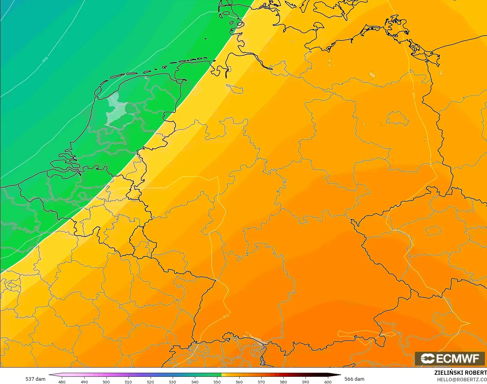 ECMWF IFS 0.25° model - Jerman, Ketinggian geopotensial pada 500 hPa
