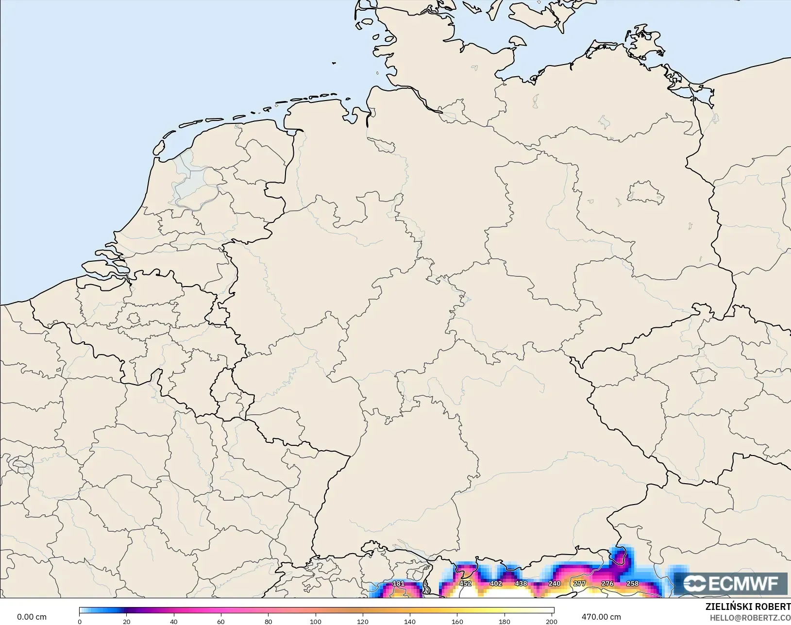ECMWF IFS 0.25° model - Jerman, Kedalaman Salju
