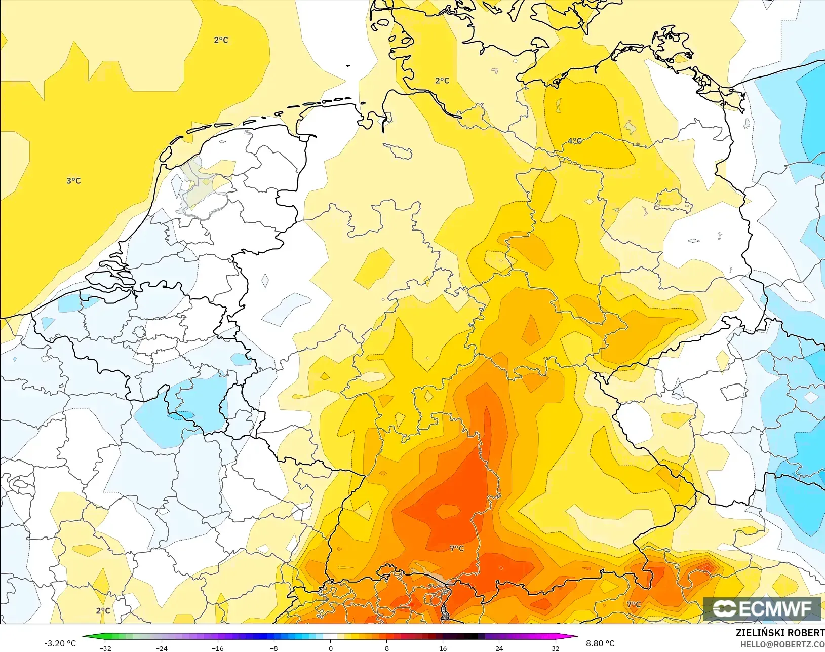 ECMWF IFS 0.25° model - Jerman, Anomali Suhu 2 m
