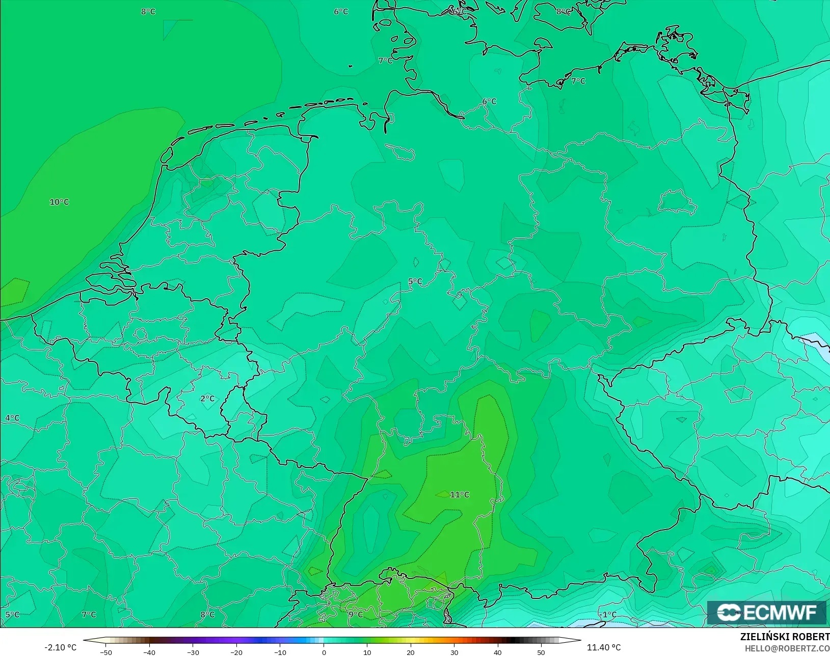 ECMWF IFS 0.25° model - Jerman, Suhu 2 m