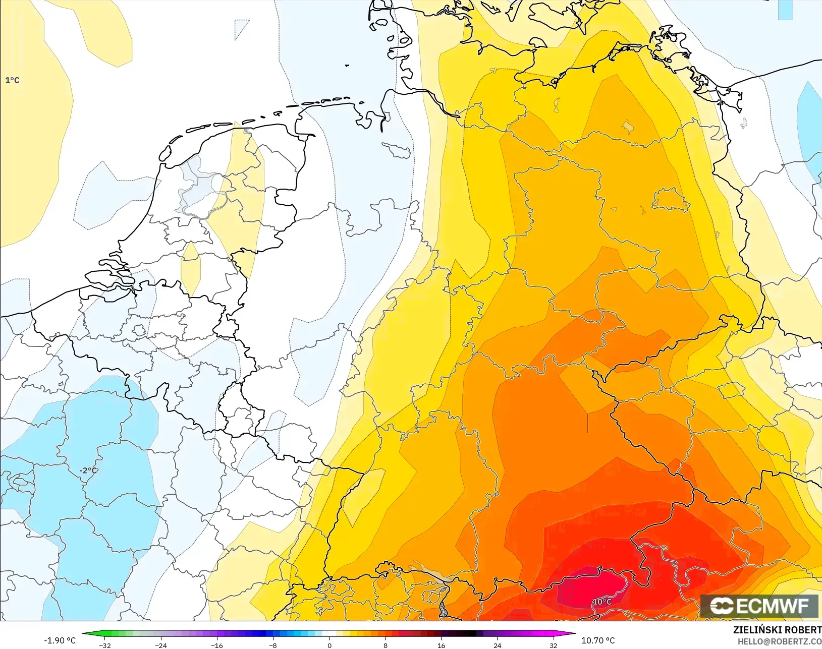 ECMWF IFS 0.25° model - Jerman, Anomali Suhu 850 hPa