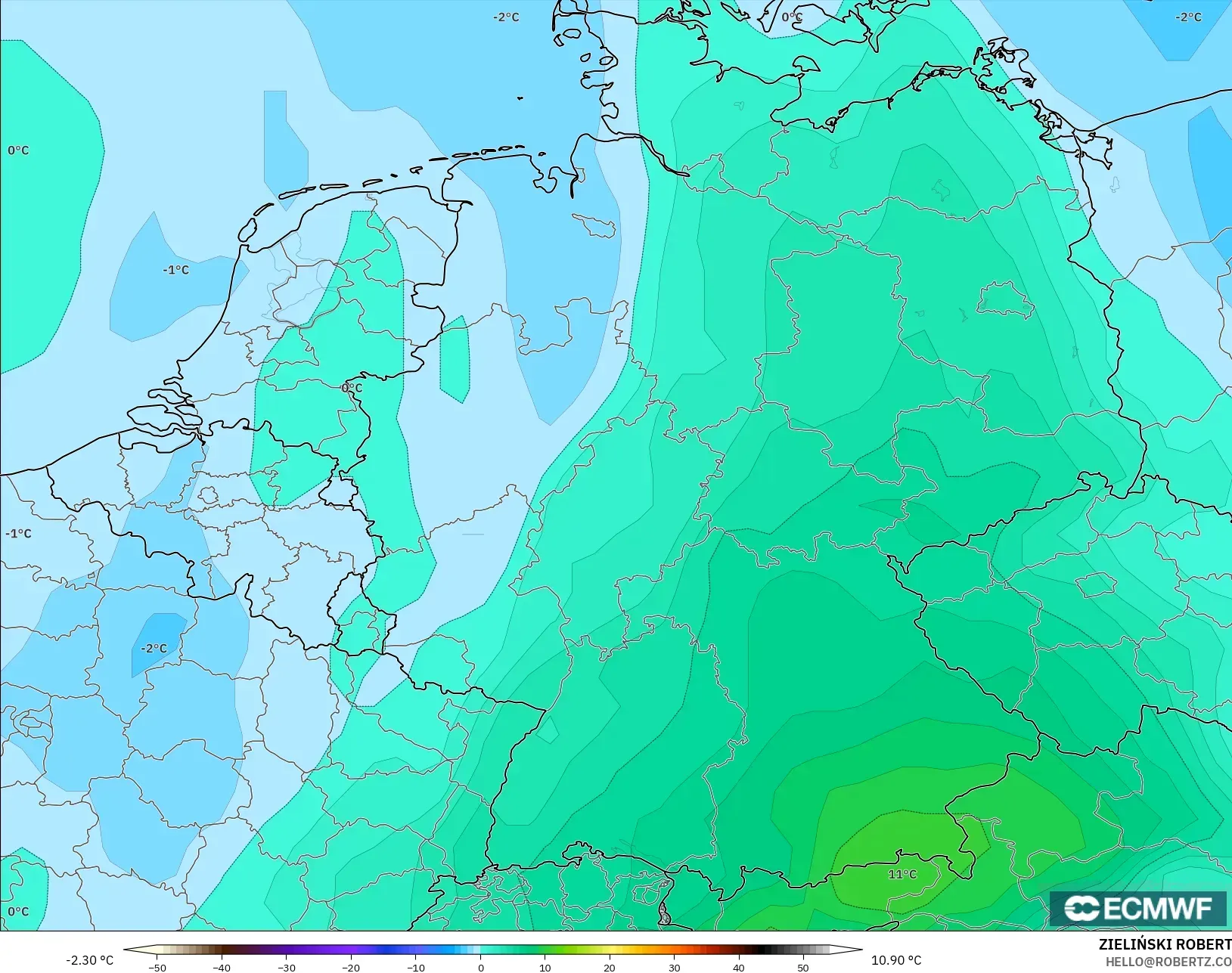 ECMWF IFS 0.25° model - Jerman, Suhu 850 hPa