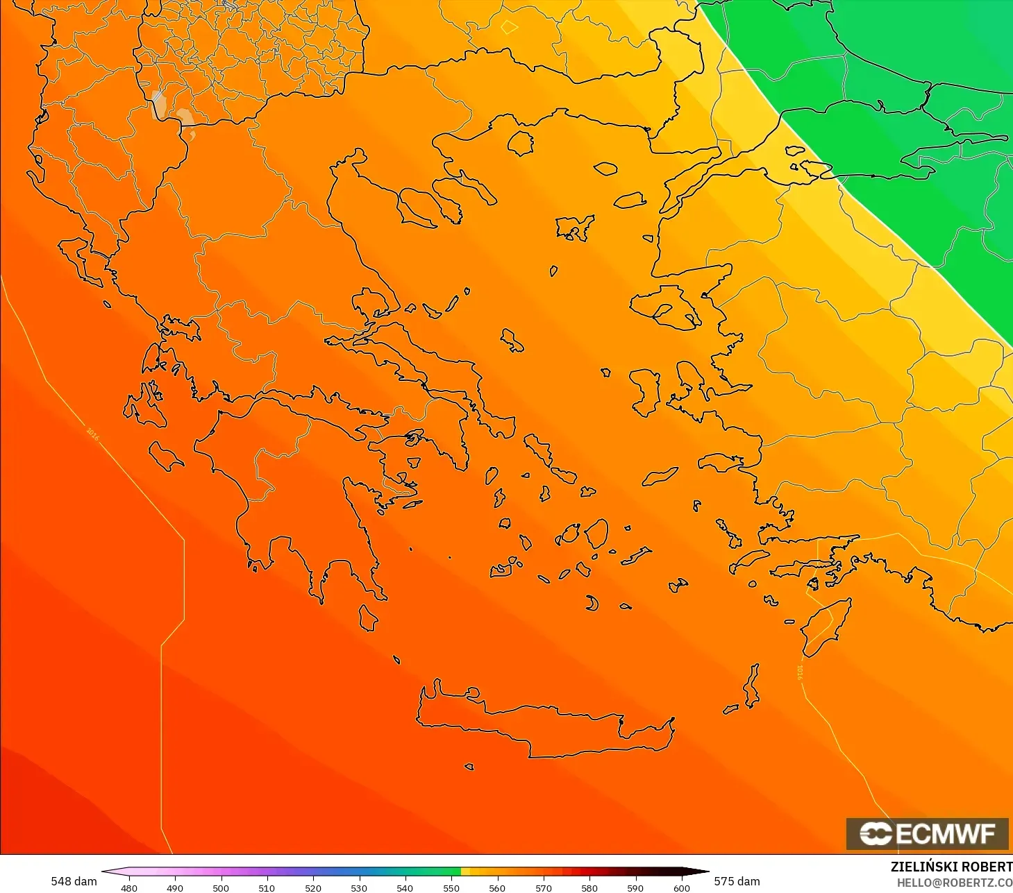 ECMWF IFS 0.25° model - Yunani, Ketinggian geopotensial pada 500 hPa