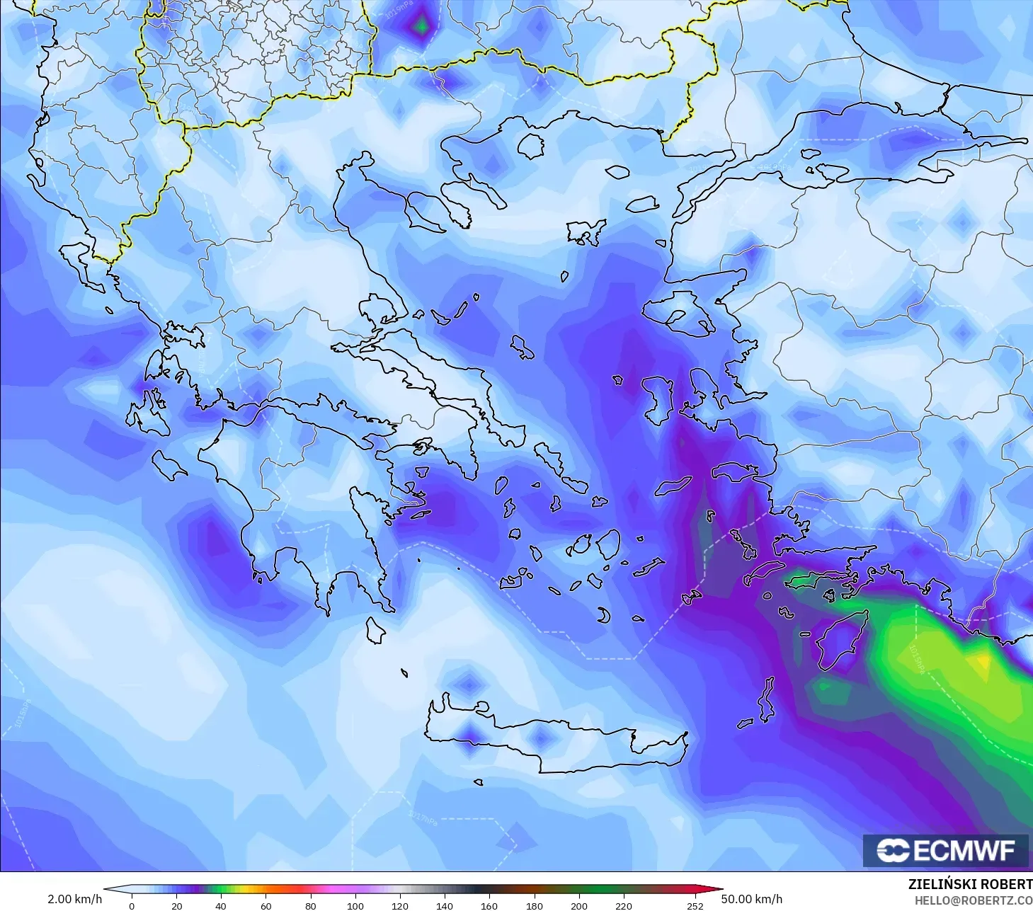 ECMWF IFS 0.25° model - Yunani, Hembusan Angin