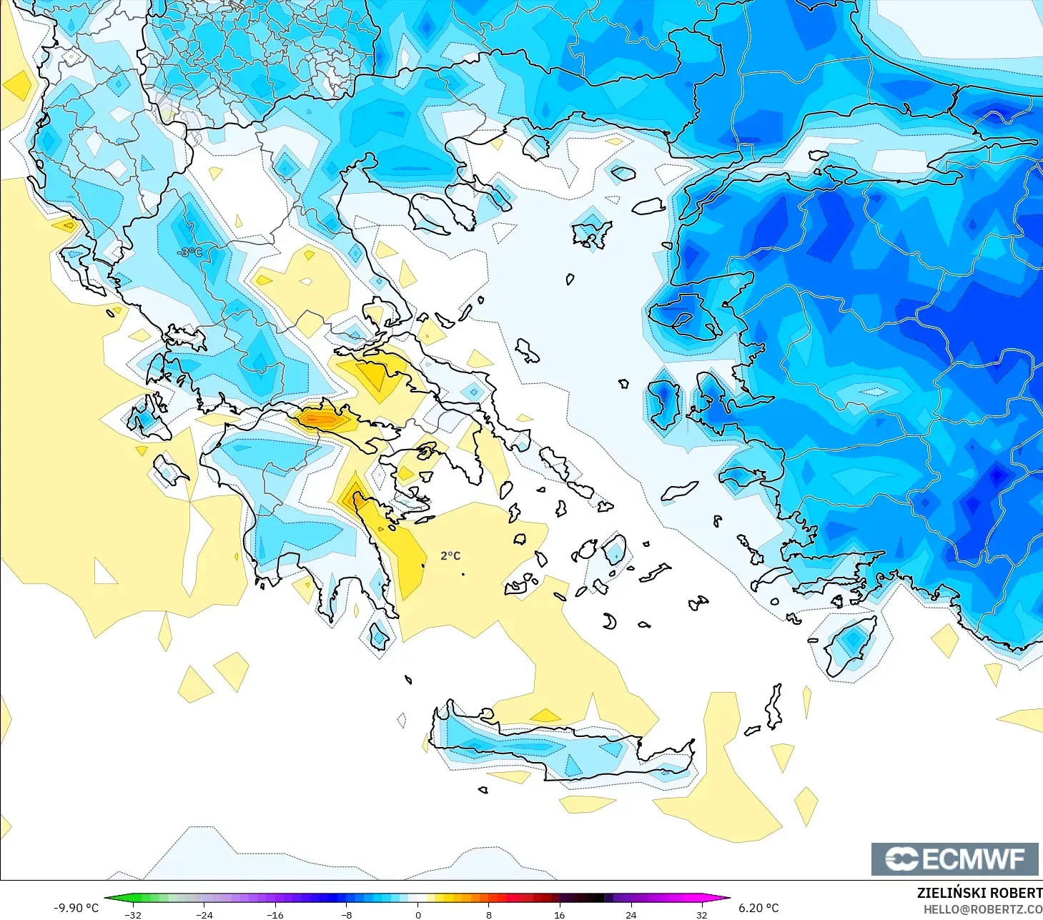 ECMWF IFS 0.25° model - Yunani, Anomali Suhu 2 m