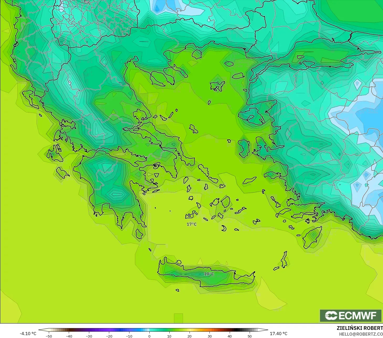 ECMWF IFS 0.25° model - Yunani, Suhu 2 m