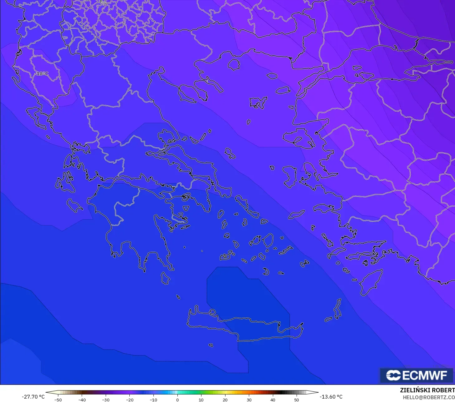 ECMWF IFS 0.25° model - Yunani, Suhu 500 hPa
