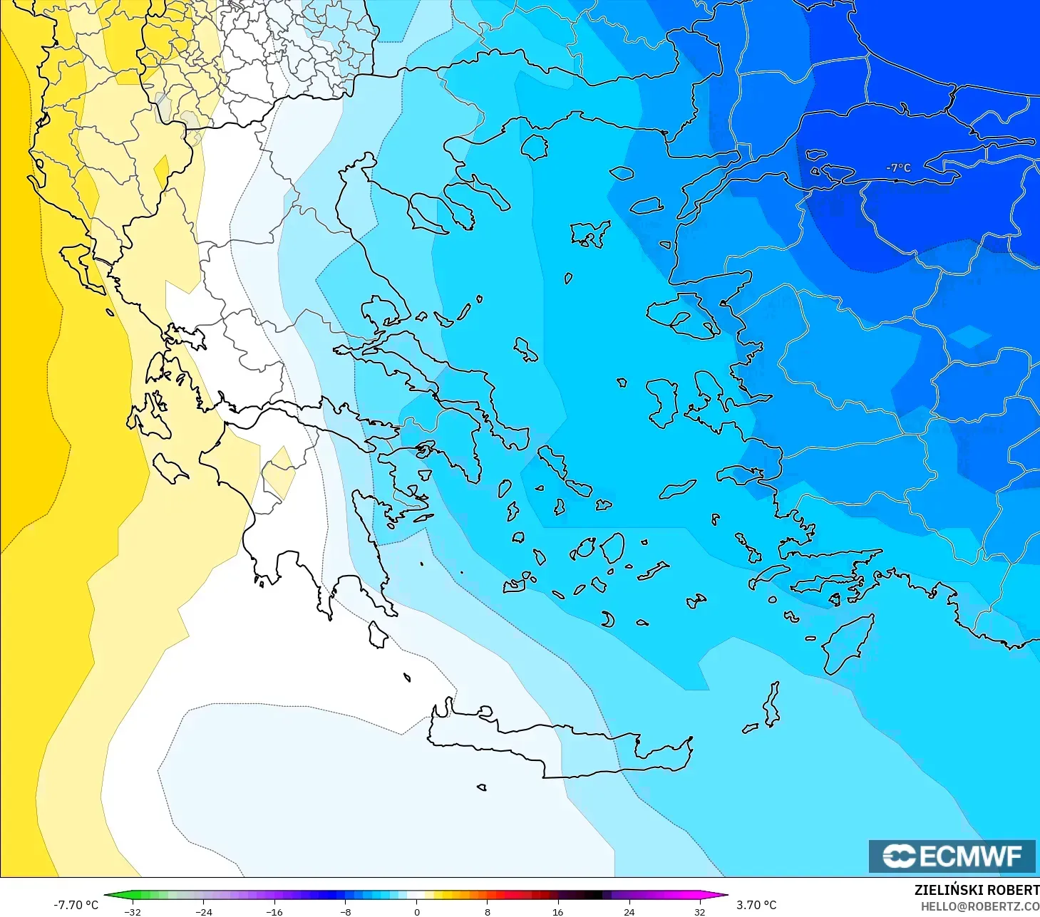 ECMWF IFS 0.25° model - Yunani, Anomali Suhu 850 hPa