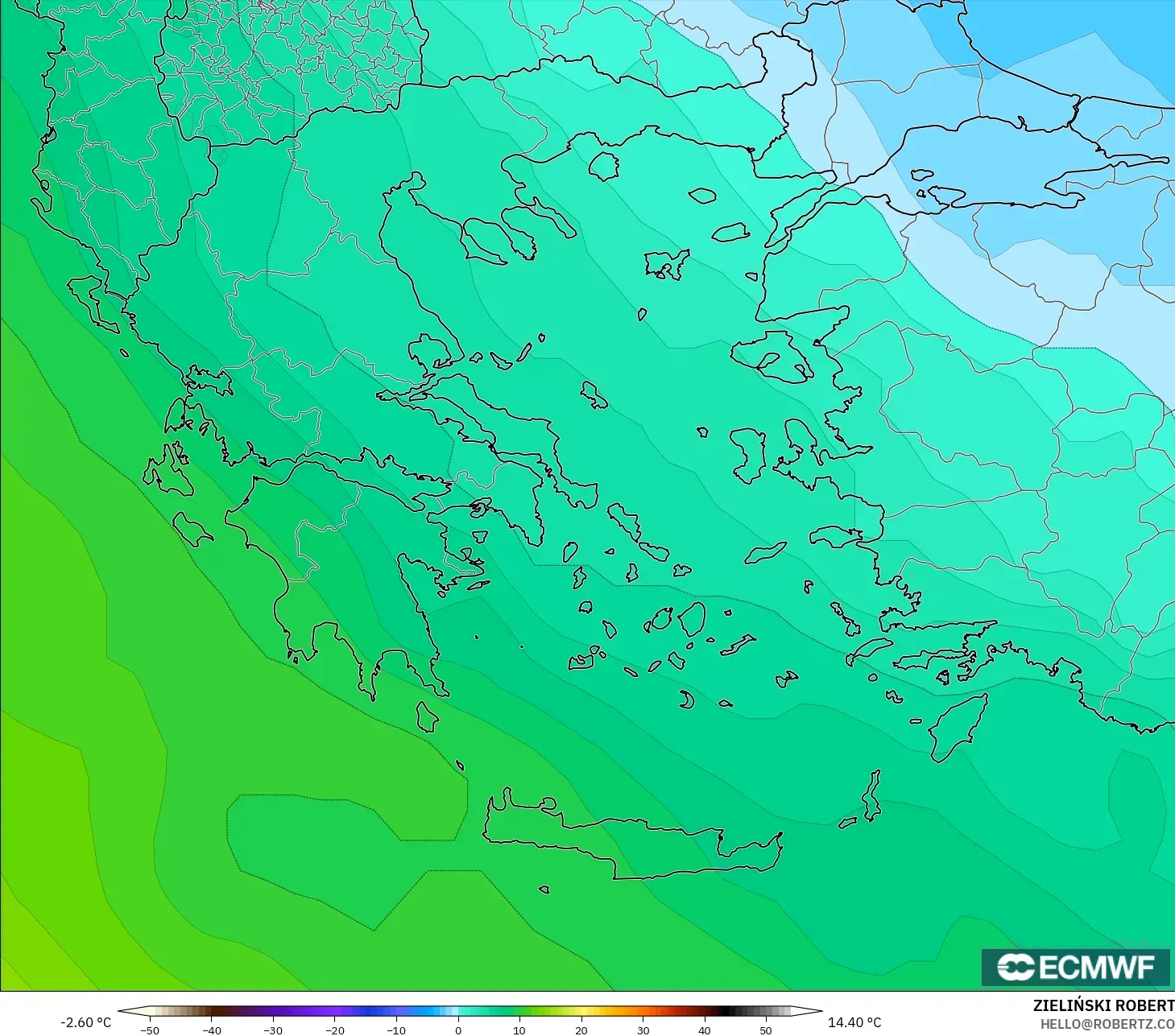 ECMWF IFS 0.25° model - Yunani, Suhu 850 hPa