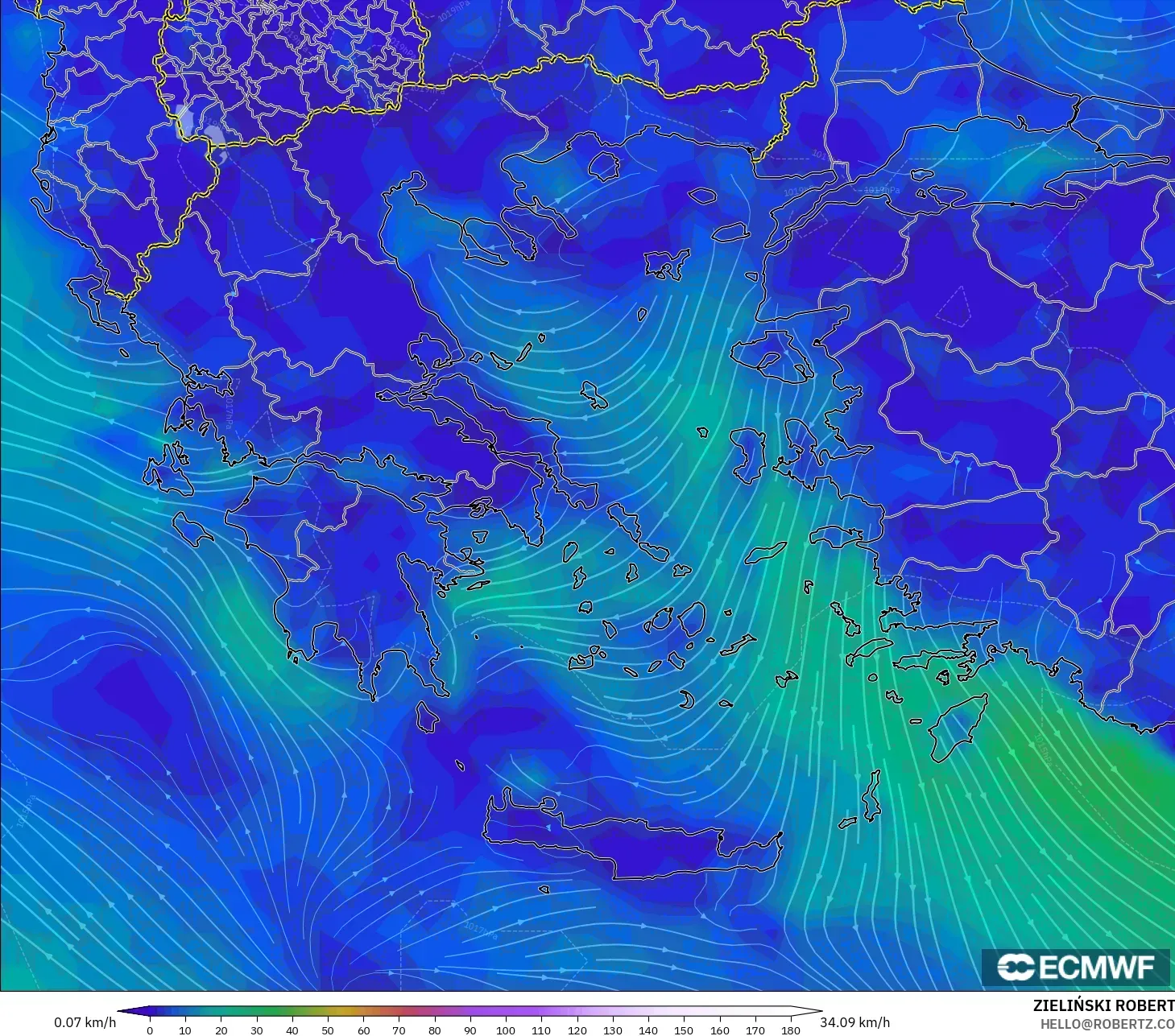 ECMWF IFS 0.25° model - Yunani, Angin 10 m