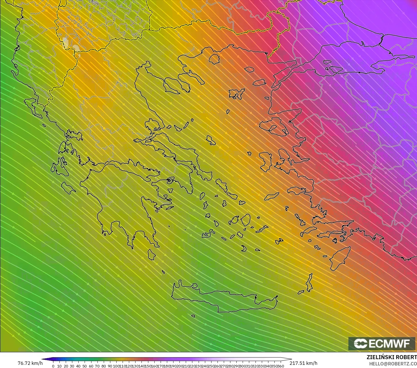 ECMWF IFS 0.25° model - Yunani, Angin 300 hPa (aliran jet)