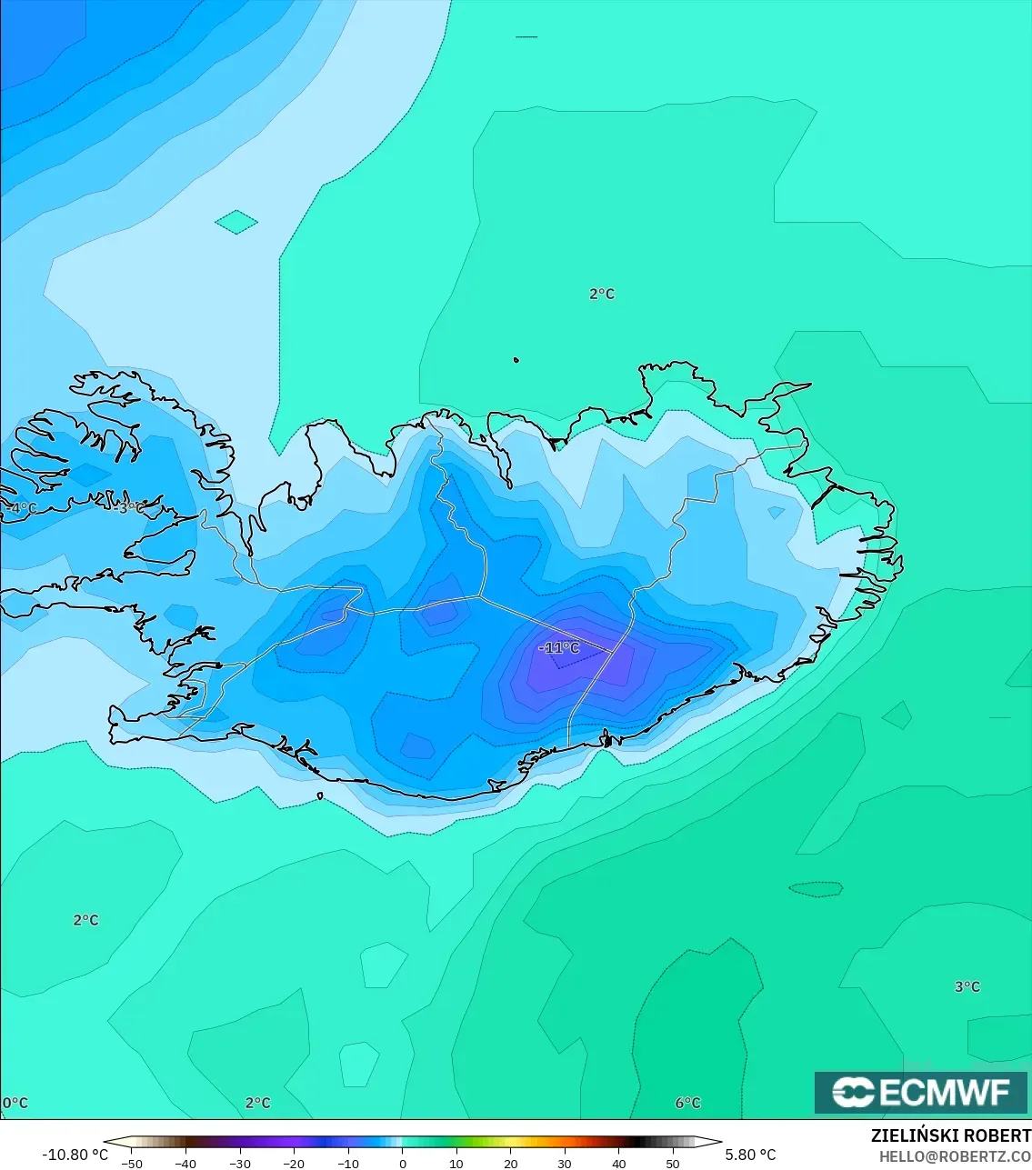 ECMWF IFS 0.25° model - Islandia, Titik Embun 2 m