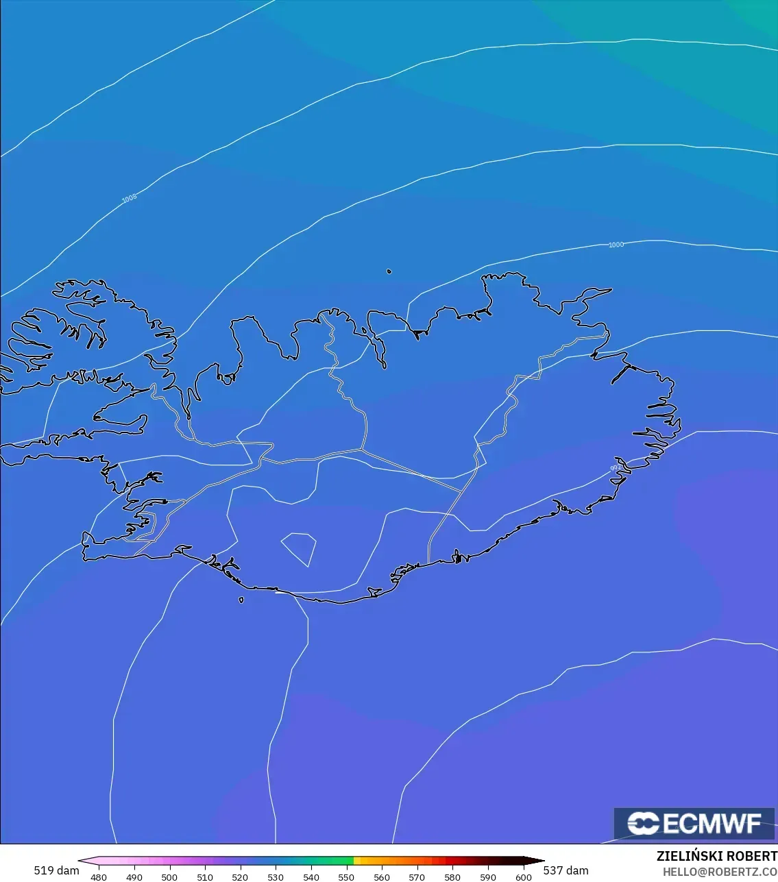 ECMWF IFS 0.25° model - Islandia, Ketinggian geopotensial pada 500 hPa