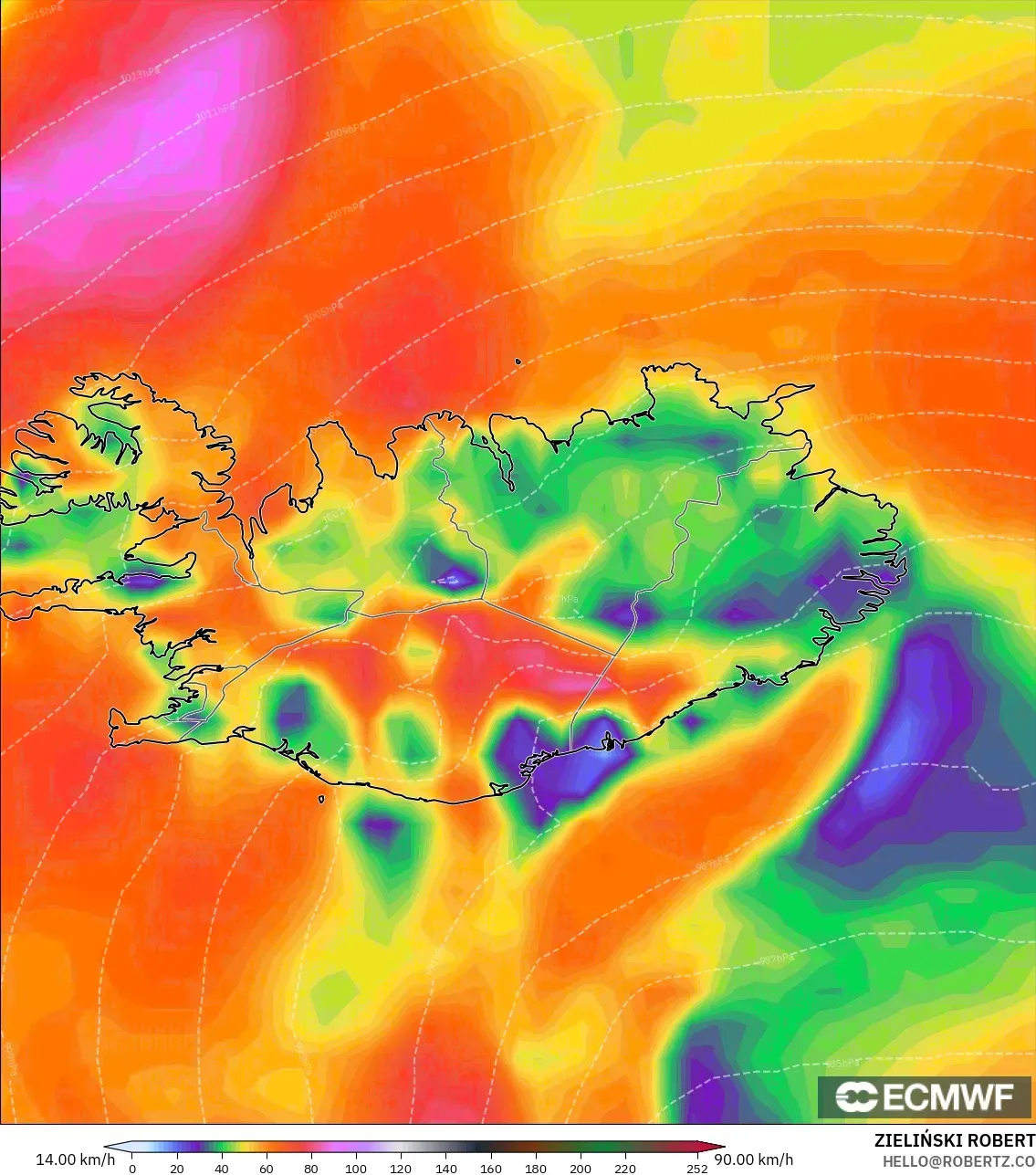 ECMWF IFS 0.25° model - Islandia, Puncak Hembusan