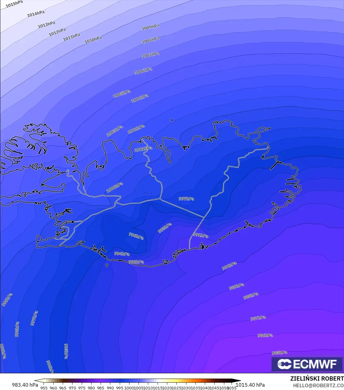 ECMWF IFS 0.25° model - Islandia, Tekanan