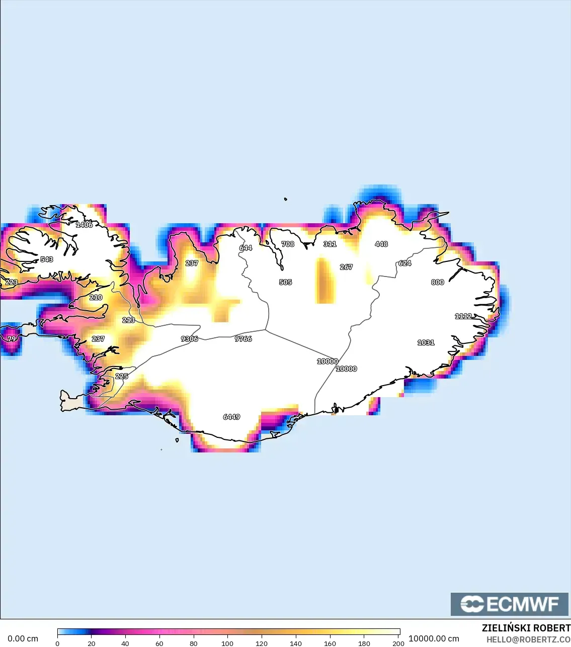 ECMWF IFS 0.25° model - Islandia, Kedalaman Salju