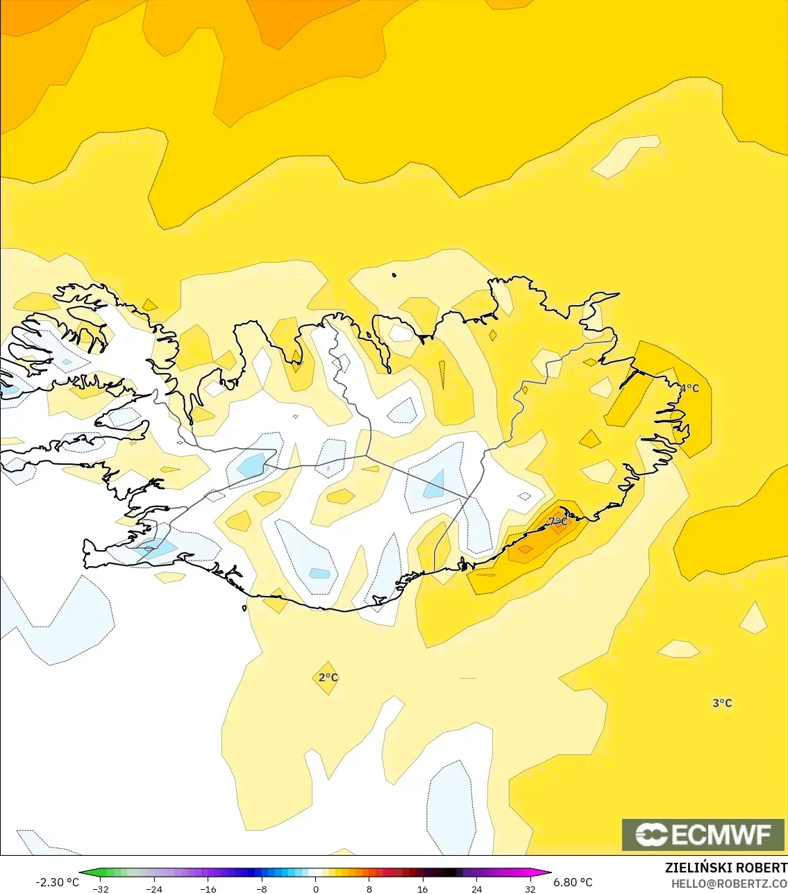ECMWF IFS 0.25° model - Islandia, Anomali Suhu 2 m