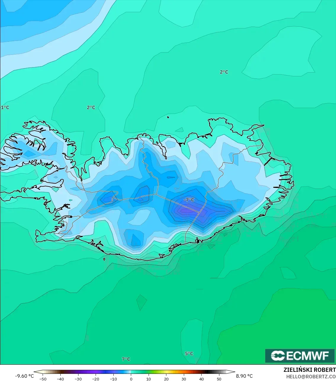 ECMWF IFS 0.25° model - Islandia, Suhu 2 m
