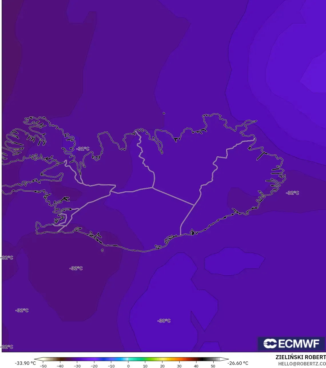 ECMWF IFS 0.25° model - Islandia, Suhu 500 hPa