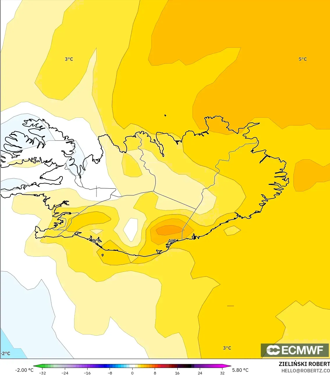 ECMWF IFS 0.25° model - Islandia, Anomali Suhu 850 hPa