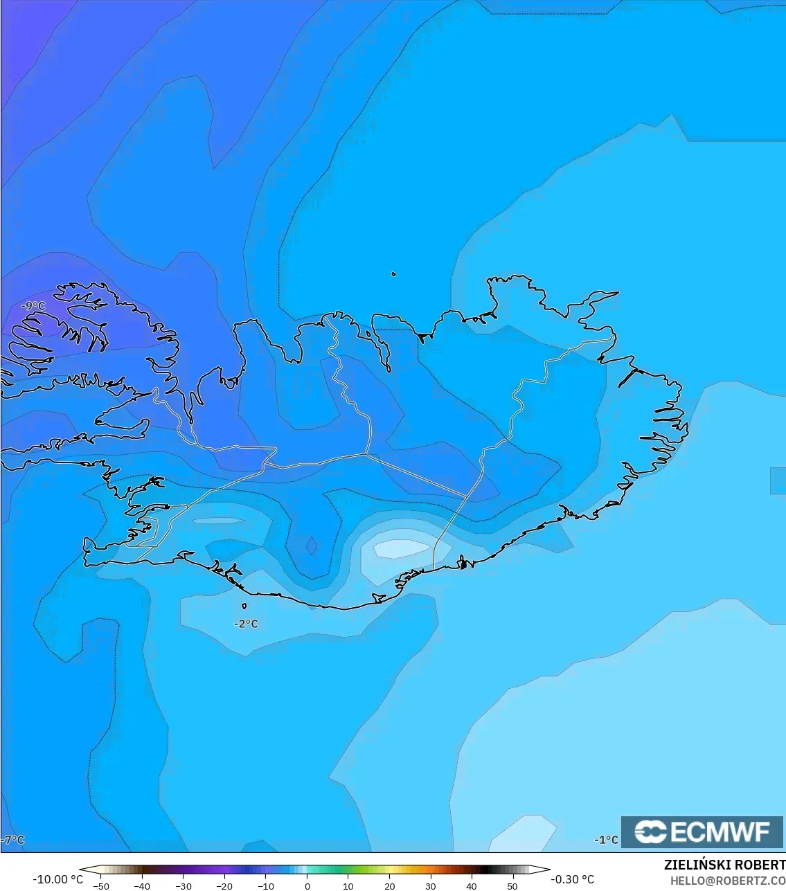 ECMWF IFS 0.25° model - Islandia, Suhu 850 hPa