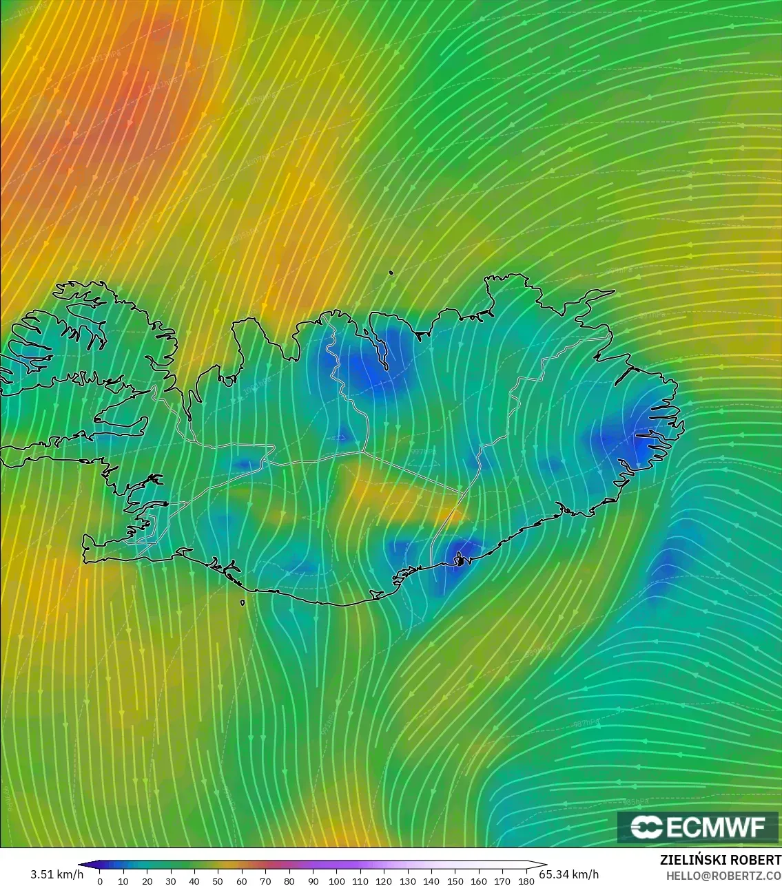 ECMWF IFS 0.25° model - Islandia, Angin 10 m