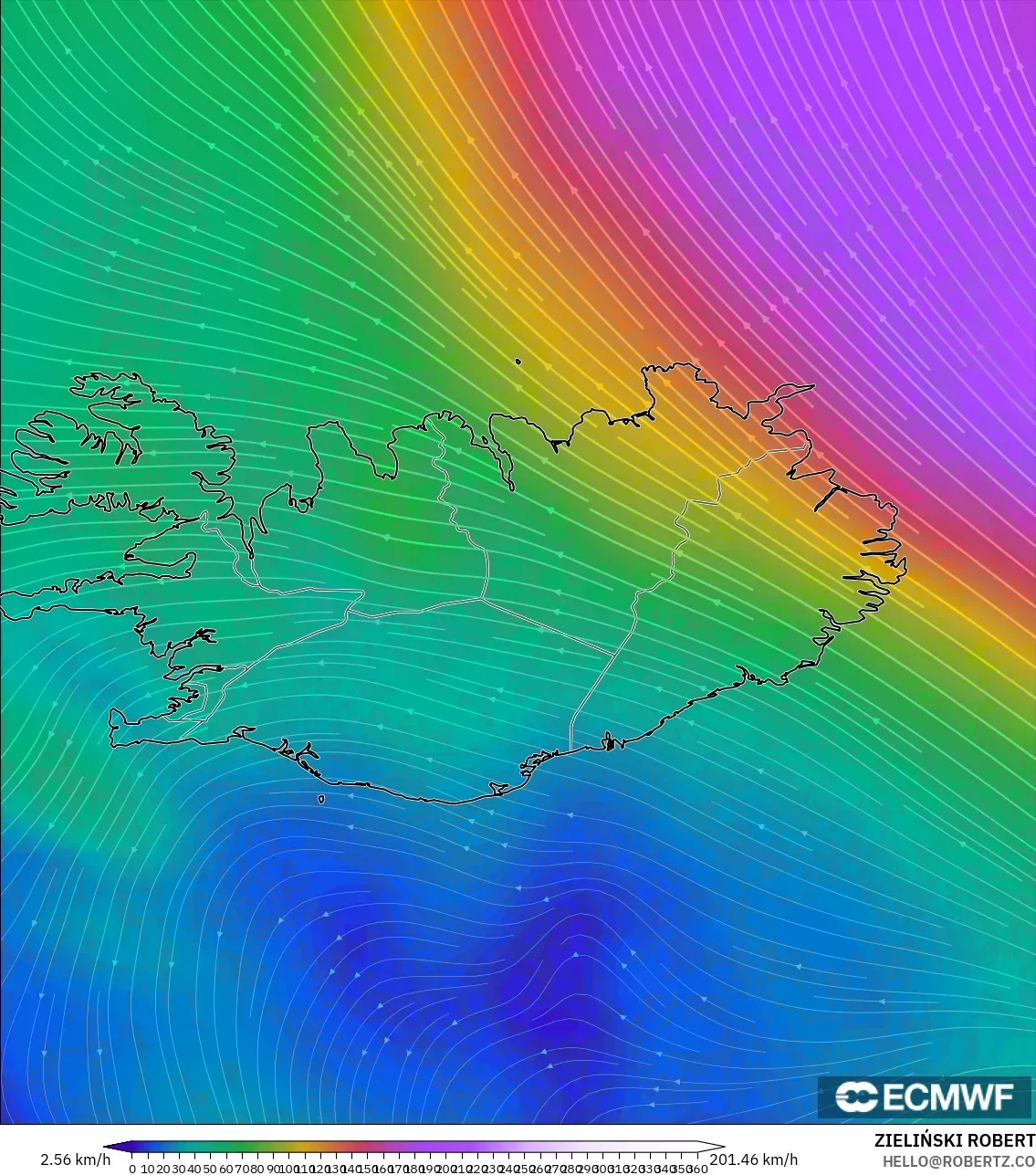 ECMWF IFS 0.25° model - Islandia, Angin 300 hPa (aliran jet)